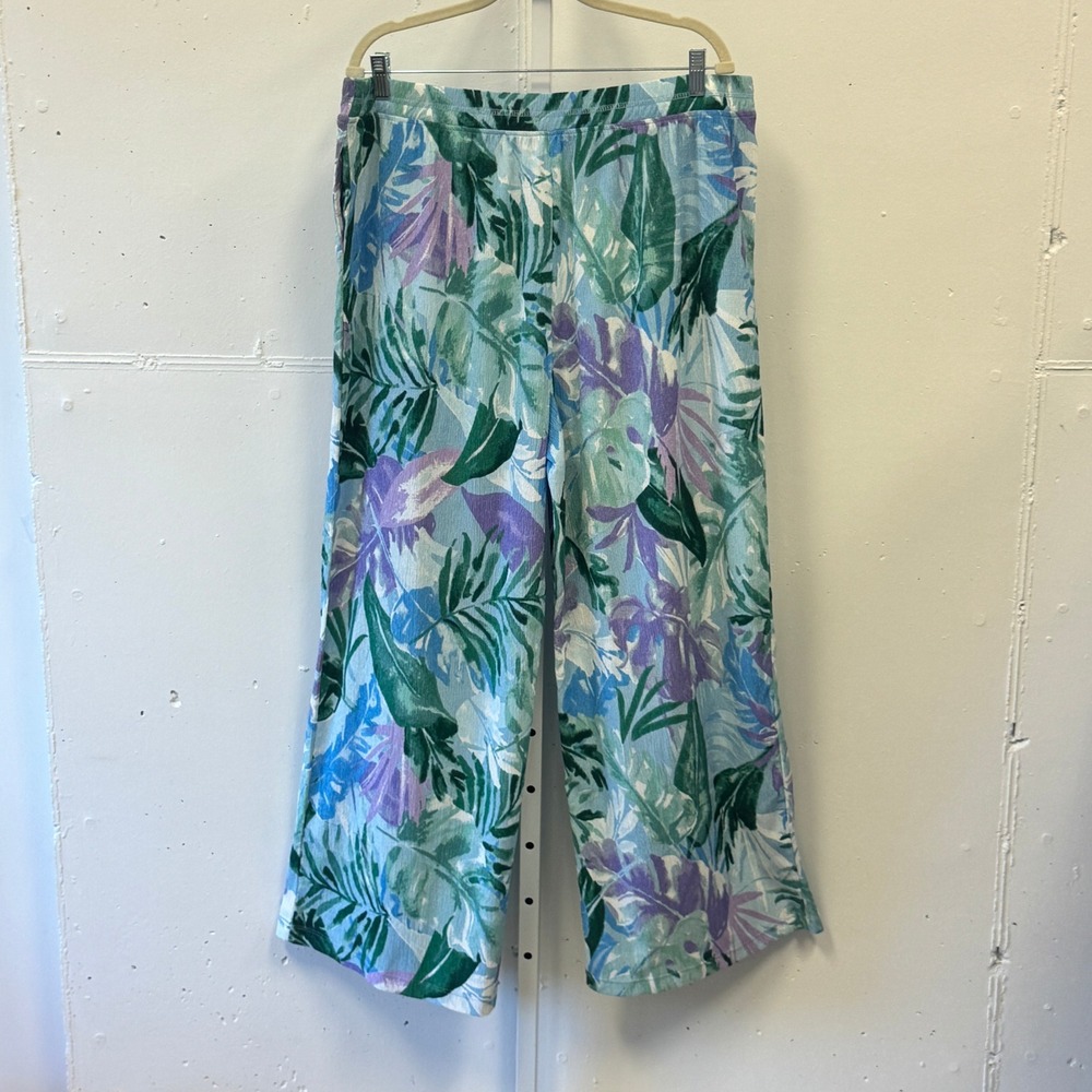 Cuddl Duds Tropical Palm Print Wide Leg Pants Blue Green Purple XL High Waist